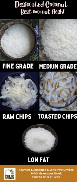 Desiccated Coconut- Fine, Medium, Coarse, Flakes Chips, Toasted Chips, Low Fat